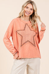 Mittoshop Mineral Wash Star Patch Long Sleeve T-Shirt Coral cream OutfitFlow