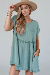 Frill Round Neck Cap Sleeve Mini Dress Teal OutfitFlow