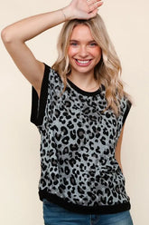 Haptics Leopard Print Dolman Cap Sleeve Knit Top Grey Black OutfitFlow
