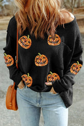 Pumpkin Round Neck Long Sleeve Knit Top Black OutfitFlow