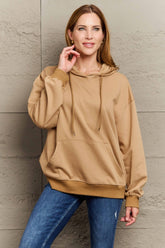 Full Size Long Sleeve Dropped Shoulder Hoodie Camel OutfitFlow