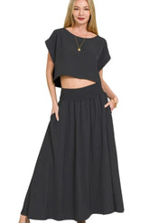 Zenana Heavy Woven Span Crop Tee & Skirt Set BLACK OutfitFlow