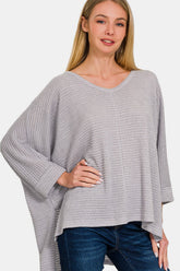 Zenana Waffle Knit V-Neck Long Sleeve Slit Top Grey OutfitFlow