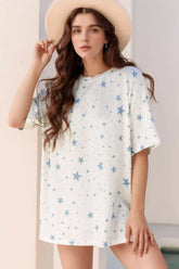 Stars Print Drop Shoulder Oversized T Shirt with Slits White OutfitFlow