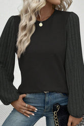 Ribbed Round Neck Long Sleeve Knit Top Black OutfitFlow