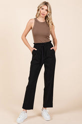 Mittoshop Paperbag Waist Tapered Straight Pants Black OutfitFlow