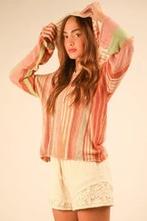 VERY J Multi Color Stripe Long Sleeve Knit Hoodie Natural OutfitFlow