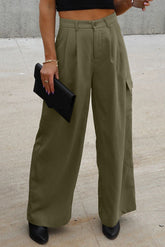 Ruched Wide Leg Pants with Pockets Army Green OutfitFlow