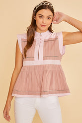 Annie Wear Contrast Trim Peplum Button Detail Blouse Dusty Pink OutfitFlow