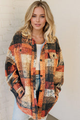 Double Take Button Up Plaid Fleece Jacket with Pockets Multicolor OutfitFlow