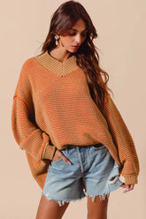 SO ME Oversized Two Tone Textured V Neck Sweater CAMEL ORANGE OutfitFlow