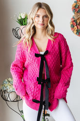 First Love Tie Closure Open Knit Cardigan Deep Rose OutfitFlow