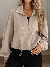 Textured Zip-Up Drawstring Hem Jacket Khaki Trendsi