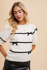 Annie Wear Striped Bow Round Neck Knit Top White OutfitFlow