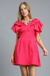 Umgee Double Ruffle Sleeve Fit and Flare Dress Deep Rose OutfitFlow
