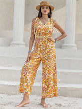 Printed V-Neck Tie Shoulder Jumpsuit Multicolor OutfitFlow