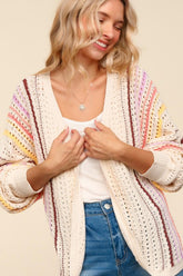 Haptics Full Size Striped Crochet Open Front Cardigan Oatmeal Coral Yellow OutfitFlow