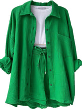 Textured Button Up Shirt and Shorts Set Green OutfitFlow