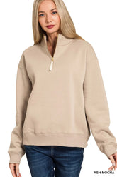 Zenana Fleece Half Zip Sweatshirt ASH MOCHA OutfitFlow