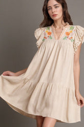 Floral Embroidery Pom Pom Ruffle Sleeves Mini Dress Beige OutfitFlow