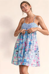 Davi & Dani Tropical Floral Geo Print Tie Back Tube Top Romper BLUE PINK OutfitFlow