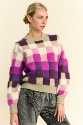 Davi & Dani Checkered Round Neck Long Sleeve Sweater Purple Multi OutfitFlow