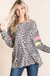 BiBi Leopard Thermal Top with Contrast Color Block N.PINK N.GREEN OutfitFlow