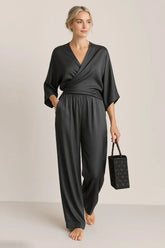 Full Size Wrap Surplice Top and Pants Set Plus Size Black OutfitFlow