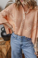 Cutout Collared Neck Three-Quarter Sleeve Sweater Apricot OutfitFlow
