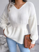 V-Neck Dropped Shoulder Sweater White OutfitFlow