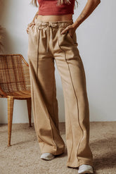 Drawstring Wide Leg Pants with Pockets Tan OutfitFlow