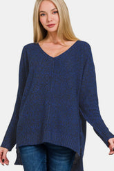 Zenana High-Low Center Seam V-Neck Sweater Dark Navy OutfitFlow