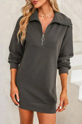 Half Zip Dropped Shoulder Mini Sweatshirt Dress Dark Gray OutfitFlow