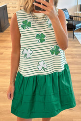 Stripe Sequin Clover Patched Contrast Mini Dress with Pockets Green OutfitFlow