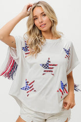 BiBi American Flag Sequin Star Fringe Top OFF WHITE OutfitFlow