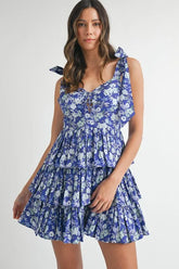 MABLE Floral Print Shoulder Tie Layered Mini Dress Royal Blue OutfitFlow