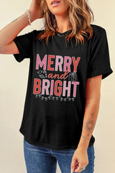 MERRY AND BRIGHT Round Neck Short Sleeve T-Shirt Black OutfitFlow