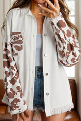 Raw Hem Animal Print Long Sleeve Denim Jacket White OutfitFlow