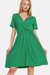 Zenana Surplice Short Sleeve Brushed DTY Dress Green OutfitFlow