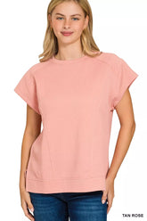 Zenana Textured Knit Jacquard Short Sleeve Top TAN ROSE OutfitFlow