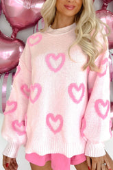 High-Low Heart Round Neck Long Sleeve Sweater Pink OutfitFlow