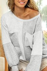 Color Block Double Chest Pocket Boat Neck Top Light Gray OutfitFlow