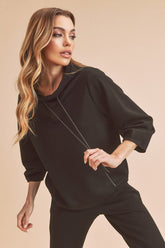 Aemi + Co Lightweight Drawstring Mock Neck Sweatshirt Black OutfitFlow