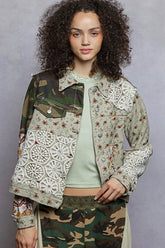 POL Floral Printed French Terry Jacket with Crochet Contrast OLIVE MULTI OutfitFlow