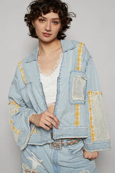 POL Raw Hem Zip Up Denim Jacket with Plaid and Crochet Patch Light Blue OutfitFlow
