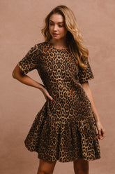 BiBi Tie Back Leopard Round Neck Short Sleeve Dress Leopard OutfitFlow