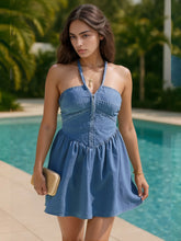 Full Size Lace Up Halter Neck Denim Dress Plus Size Blue OutfitFlow