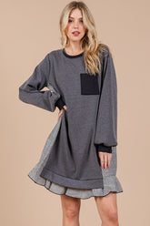 Ces Femme Striped Patchwork Round Neck Terry Sweatshirt Dress Charcoal OutfitFlow
