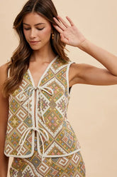 Annie Wear Ethnic Woven Jacquard Tie Front Vest YELLOW GREEN MULTI OutfitFlow