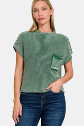 Zenana Washed Mock Neck Short Sleeve Cropped Sweater Dk Green OutfitFlow